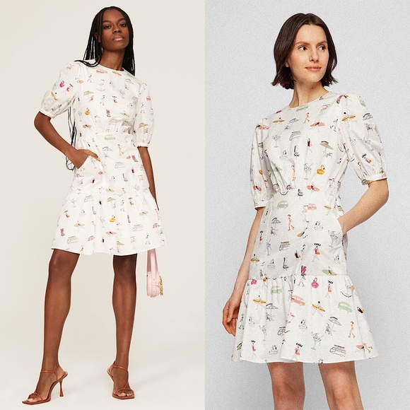 BOSS Retro Beach Print Cotton Poplin Puff Short Sleeve Flounce Hem Mini Dress 6 - Picture 1 of 11